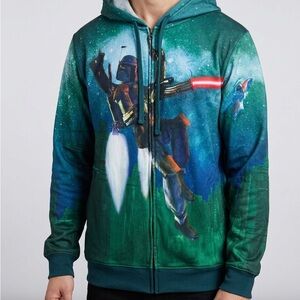 Green Teal Graphic Zip Hoodie Jacket with Space Bounty Hunter Print